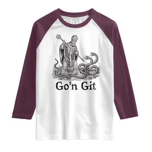 Go'n Git Funny Saint Patrick Banishing Snakes Raglan Shirt Irish History Humor St Patricks Day TS02 White Maroon Print Your Wear