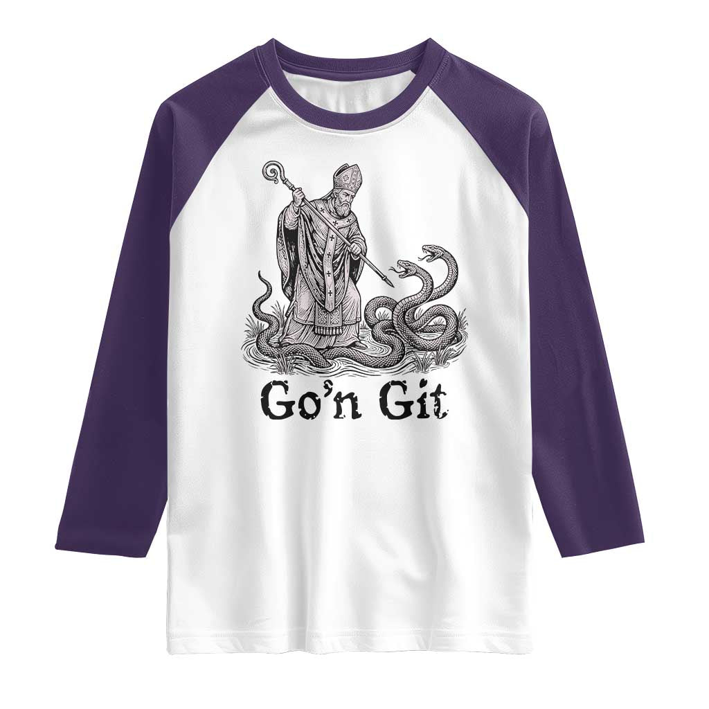 Go'n Git Funny Saint Patrick Banishing Snakes Raglan Shirt Irish History Humor St Patricks Day TS02 White Purple Print Your Wear