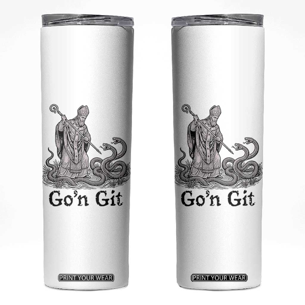 Go'n Git Funny Saint Patrick Banishing Snakes Skinny Tumbler Irish History Humor St Patricks Day TS02 White Print Your Wear