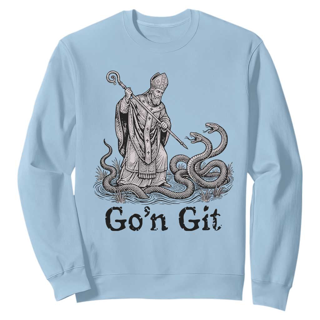 Go'n Git Funny Saint Patrick Banishing Snakes Sweatshirt Irish History Humor St Patricks Day TS02 Light Blue Print Your Wear