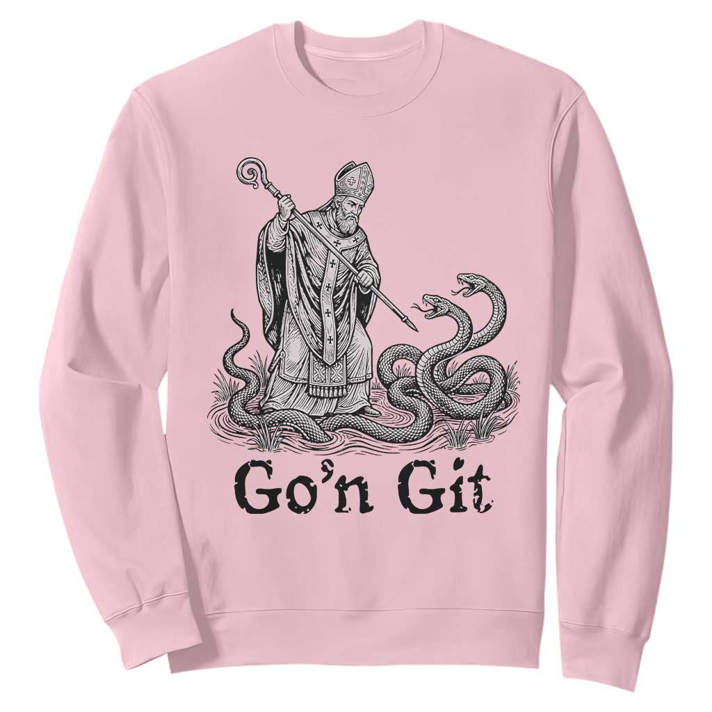 Go'n Git Funny Saint Patrick Banishing Snakes Sweatshirt Irish History Humor St Patricks Day TS02 Light Pink Print Your Wear