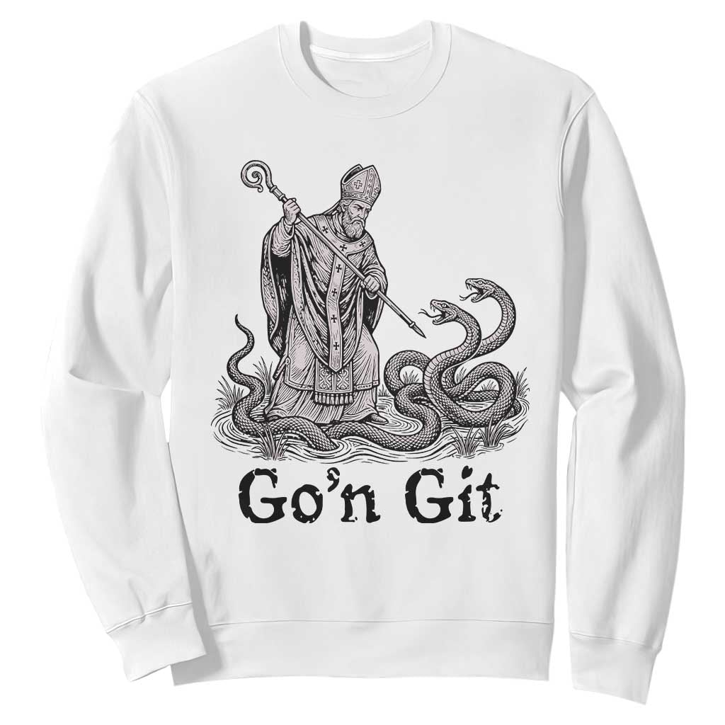 Go'n Git Funny Saint Patrick Banishing Snakes Sweatshirt Irish History Humor St Patricks Day TS02 White Print Your Wear