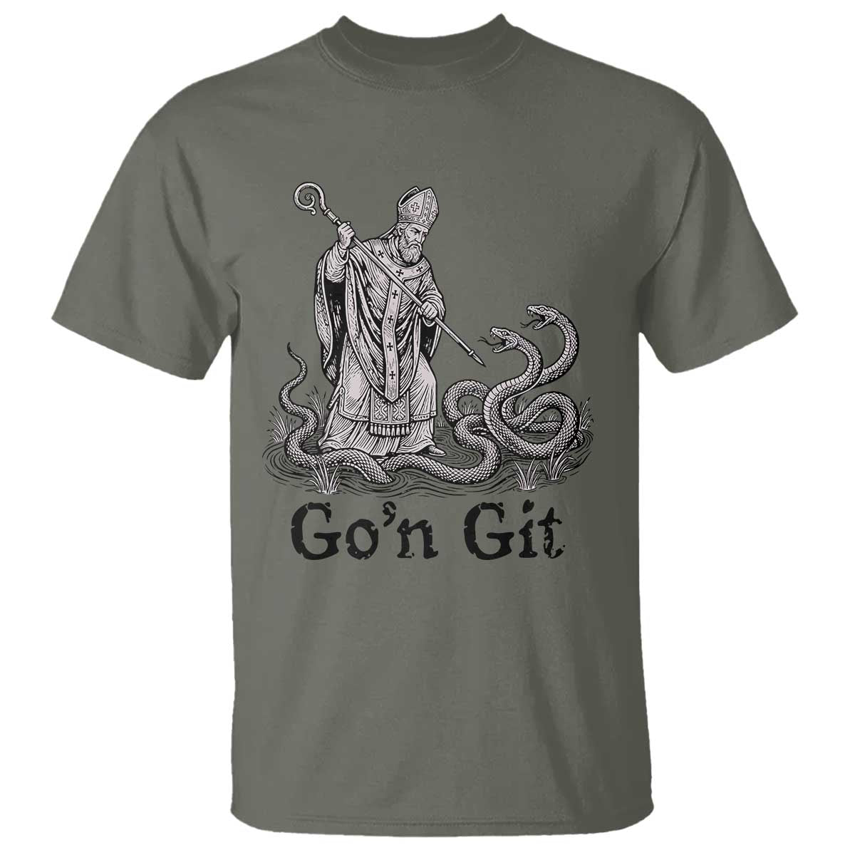 Go'n Git Funny Saint Patrick Banishing Snakes T Shirt Irish History Humor St Patricks Day TS02 Military Green Print Your Wear