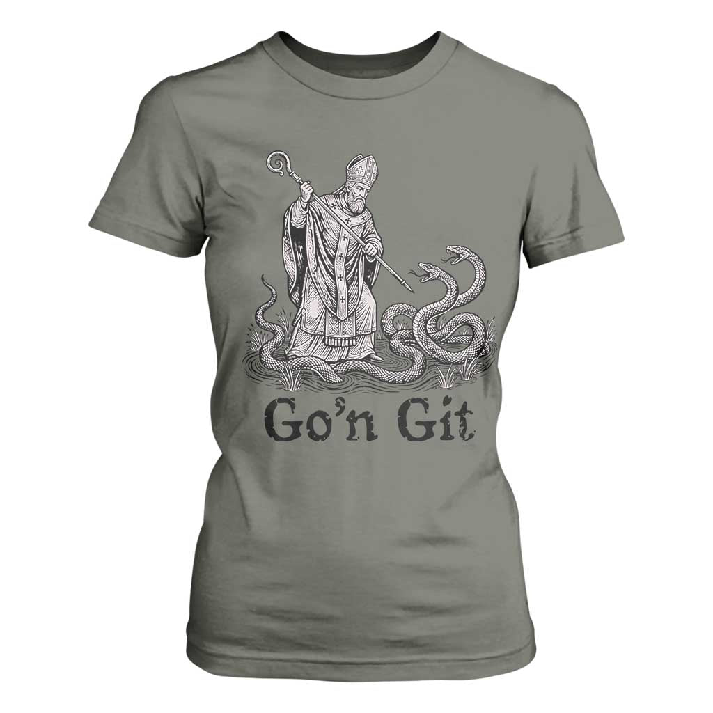 Go'n Git Funny Saint Patrick Banishing Snakes T Shirt For Women Irish History Humor St Patricks Day TS02 Military Green Print Your Wear