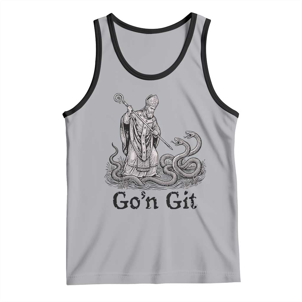Go'n Git Funny Saint Patrick Banishing Snakes Tank Top Irish History Humor St Patricks Day TS02 Athletic Heather Black Print Your Wear