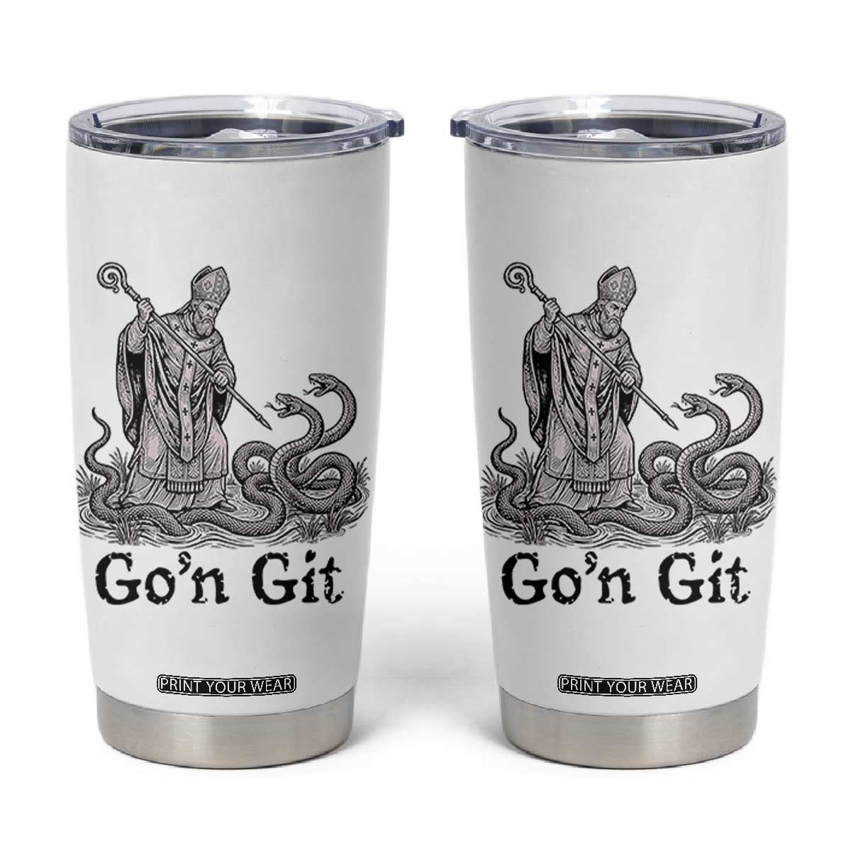 Go'n Git Funny Saint Patrick Banishing Snakes Tumbler Cup Irish History Humor St Patricks Day TS02 White Print Your Wear