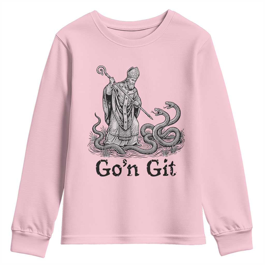 Go'n Git Funny Saint Patrick Banishing Snakes Youth Sweatshirt Irish History Humor St Patricks Day TS02 Light Pink Print Your Wear