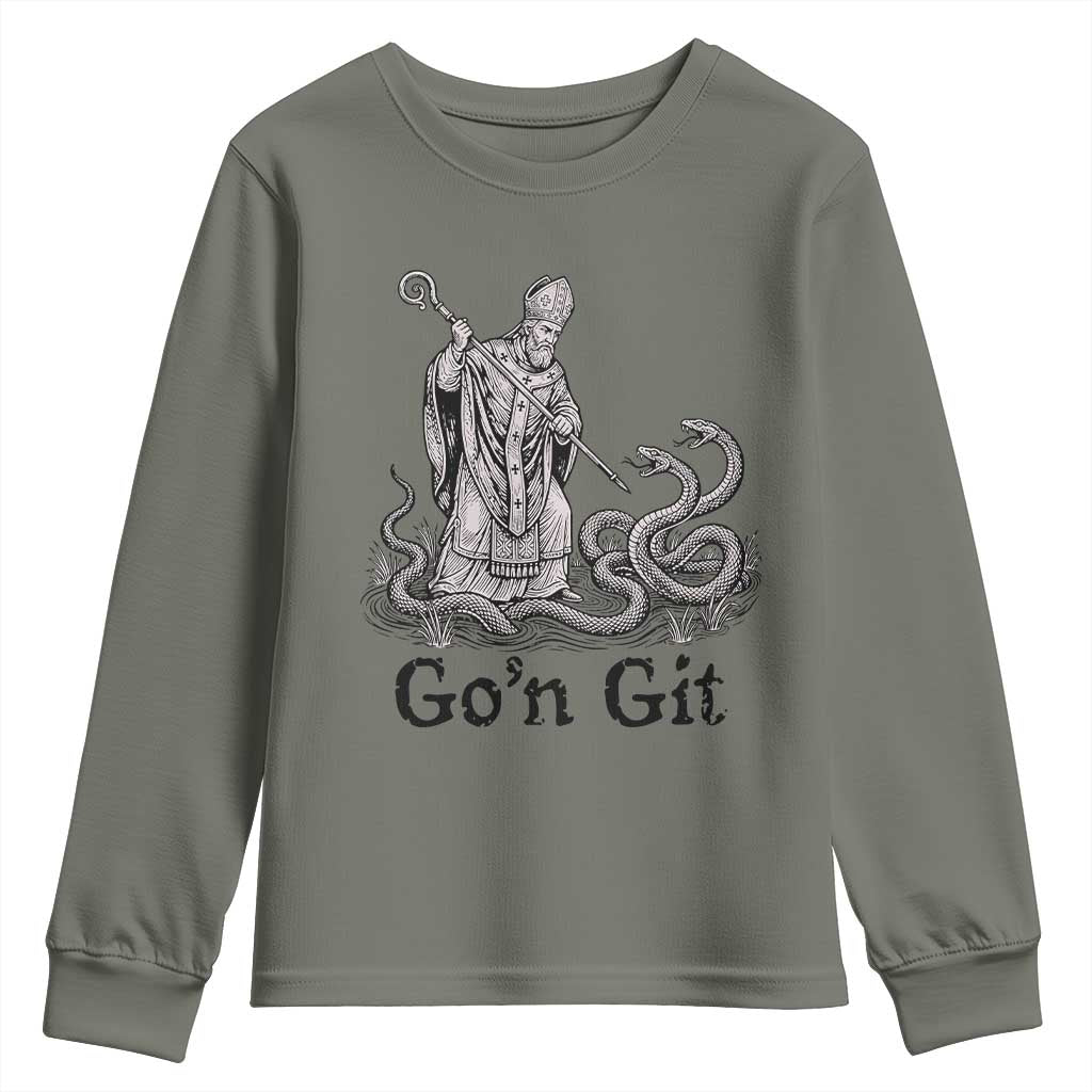 Go'n Git Funny Saint Patrick Banishing Snakes Youth Sweatshirt Irish History Humor St Patricks Day TS02 Military Green Print Your Wear