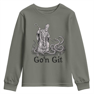 Go'n Git Funny Saint Patrick Banishing Snakes Youth Sweatshirt Irish History Humor St Patricks Day TS02 Military Green Print Your Wear