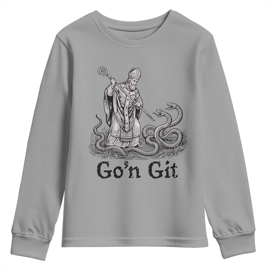 Go'n Git Funny Saint Patrick Banishing Snakes Youth Sweatshirt Irish History Humor St Patricks Day TS02 Sport Gray Print Your Wear