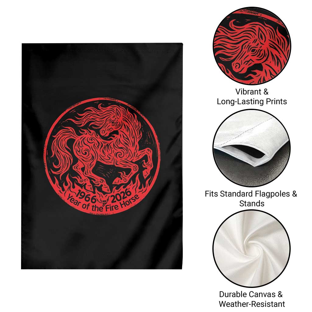 Year of the Fire Horse 1966 2026 Red Graphic Garden Flag 60 Years Chinese Zodiac Horse Vintage Style TS02 Print Your Wear
