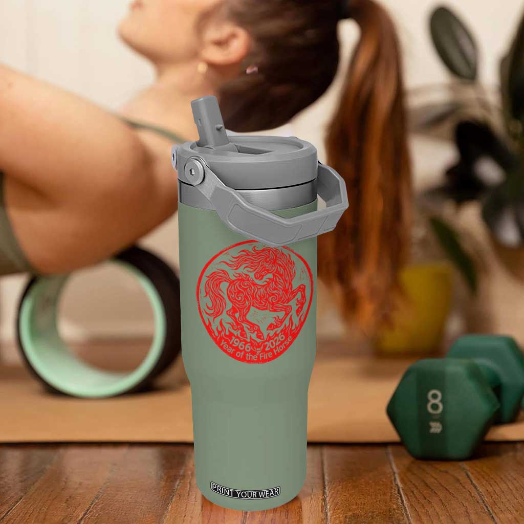 Year of the Fire Horse 1966 2026 Red Graphic Flip Straw Tumbler 60 Years Chinese Zodiac Horse Vintage Style TS02 One Size: 30 oz Moss Green Print Your Wear