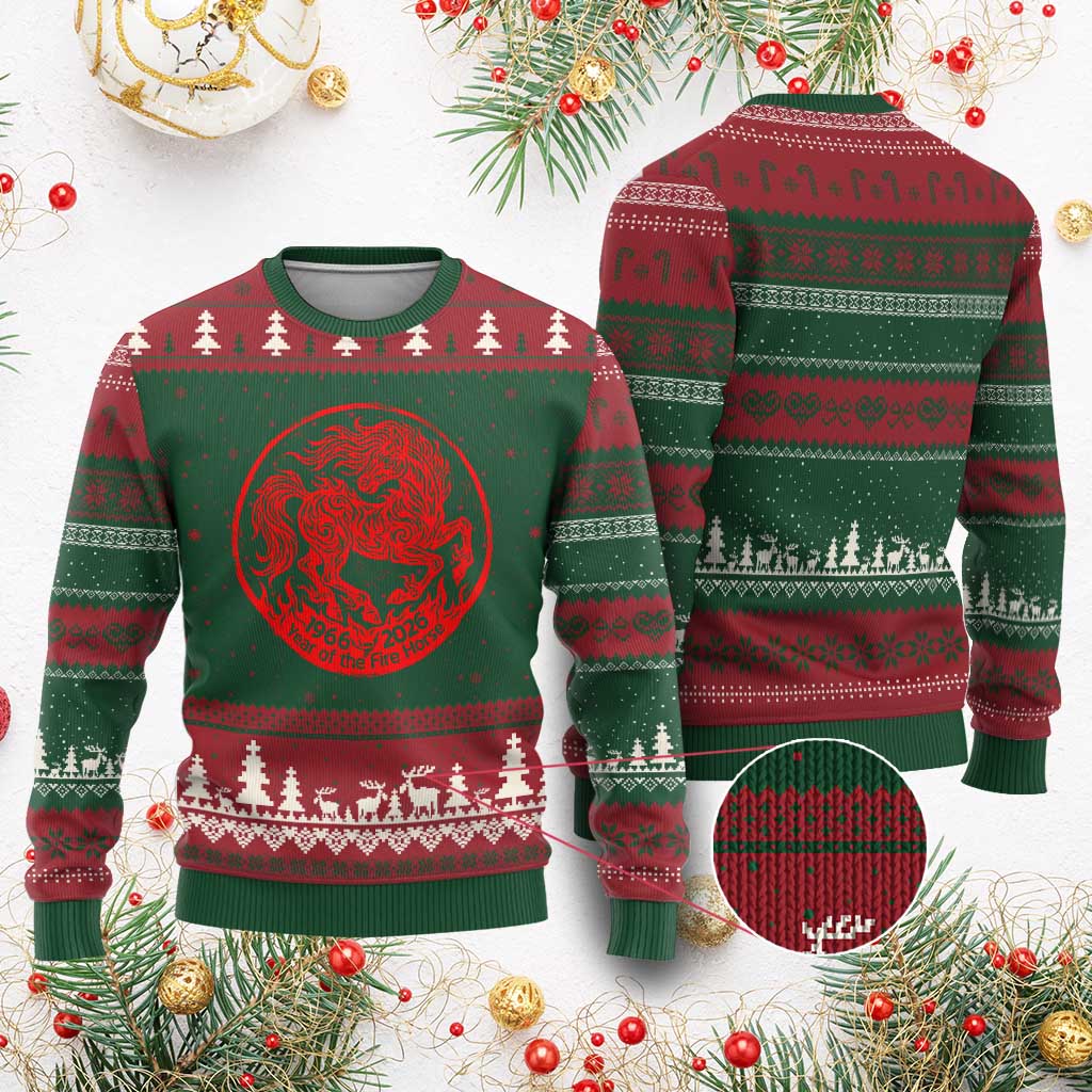 Year of the Fire Horse 1966 2026 Red Graphic Ugly Christmas Sweater 60 Years Chinese Zodiac Horse Vintage Style TS02 Red Green Print Your Wear