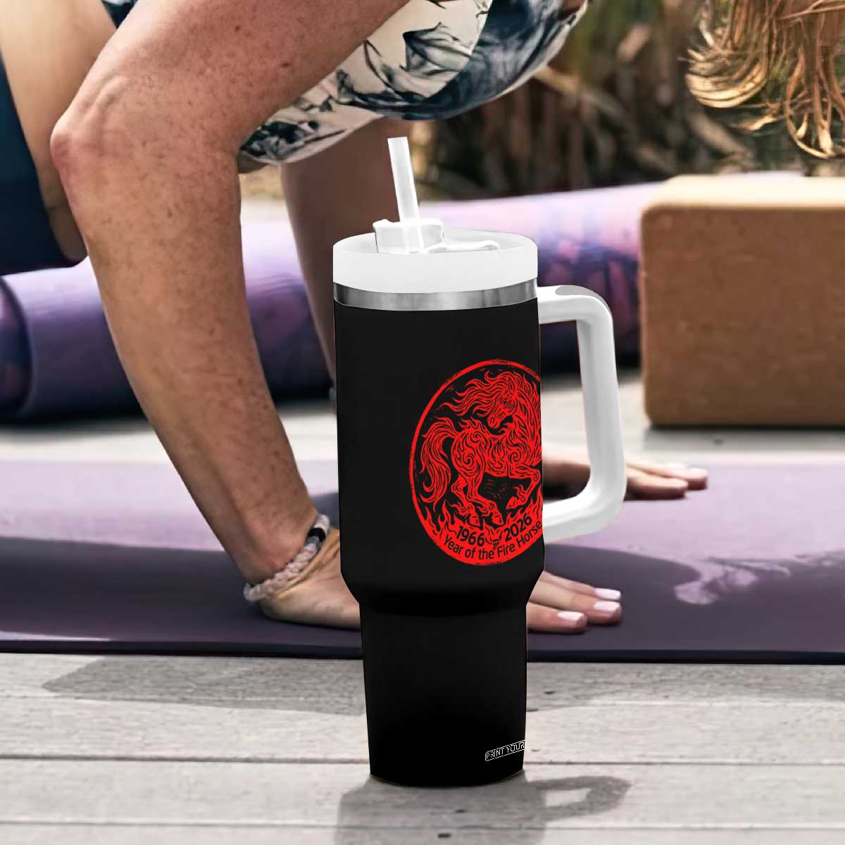 Year of the Fire Horse 1966 2026 Red Graphic Tumbler With Handle 60 Years Chinese Zodiac Horse Vintage Style TS02 Print Your Wear