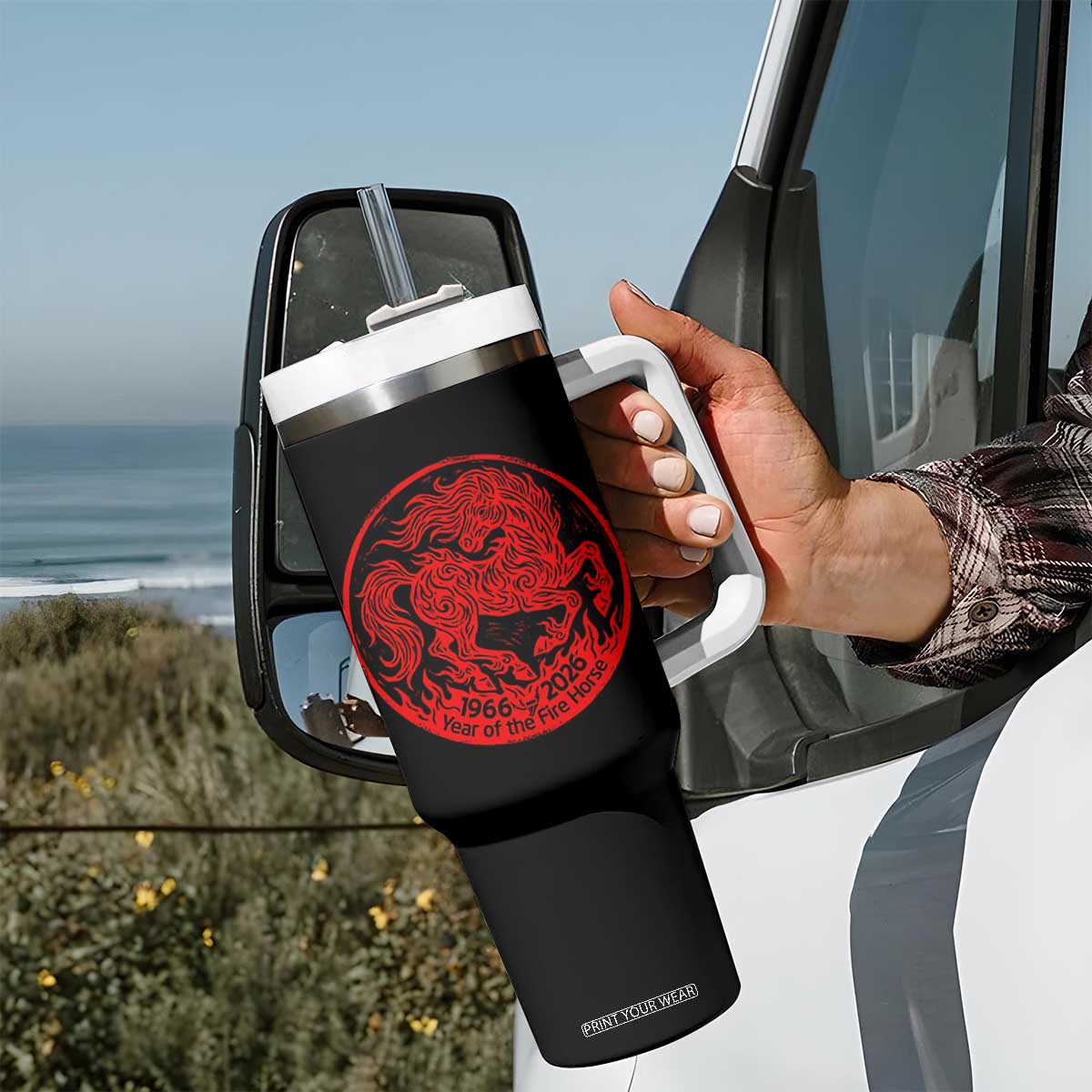 Year of the Fire Horse 1966 2026 Red Graphic Tumbler With Handle 60 Years Chinese Zodiac Horse Vintage Style TS02 Print Your Wear