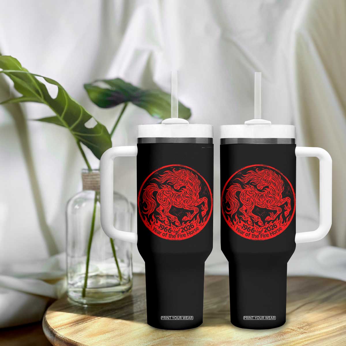 Year of the Fire Horse 1966 2026 Red Graphic Tumbler With Handle 60 Years Chinese Zodiac Horse Vintage Style TS02 Print Your Wear