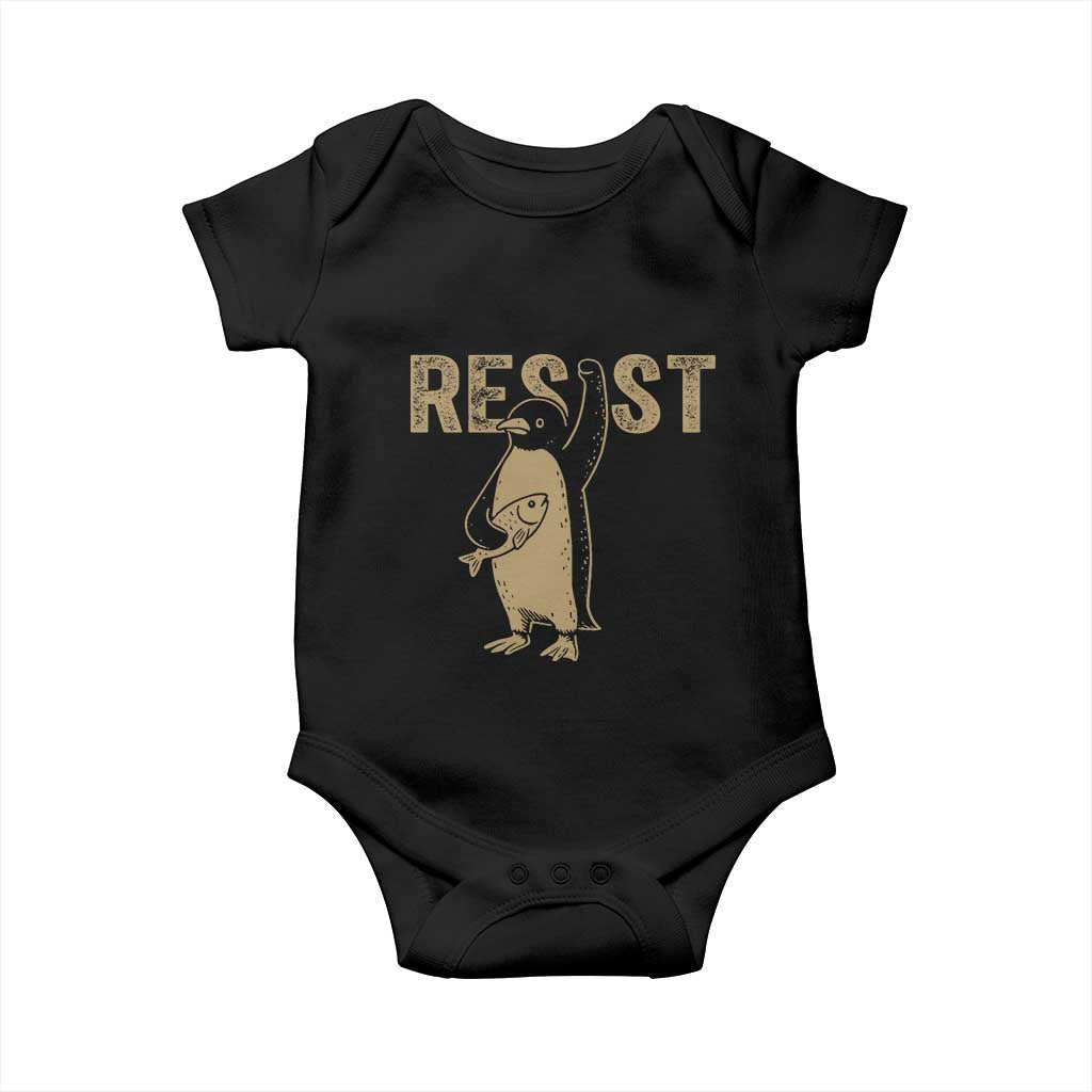 Funny Penguin Resist Baby Onesie Against Tariffs Activism Vintage TS02 Black Print Your Wear