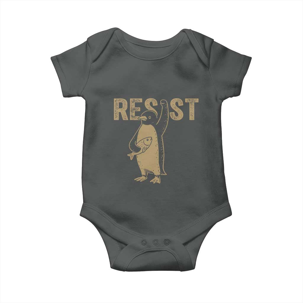 Funny Penguin Resist Baby Onesie Against Tariffs Activism Vintage TS02 Dark Heather Print Your Wear