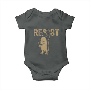 Funny Penguin Resist Baby Onesie Against Tariffs Activism Vintage TS02 Dark Heather Print Your Wear