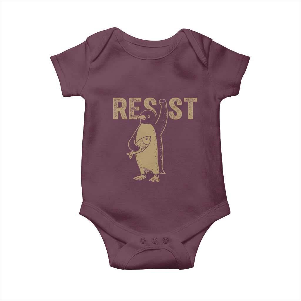 Funny Penguin Resist Baby Onesie Against Tariffs Activism Vintage TS02 Maroon Print Your Wear