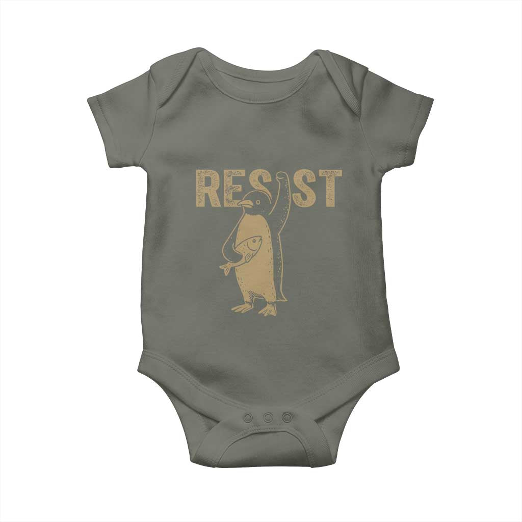 Funny Penguin Resist Baby Onesie Against Tariffs Activism Vintage TS02 Military Green Print Your Wear