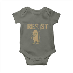 Funny Penguin Resist Baby Onesie Against Tariffs Activism Vintage TS02 Military Green Print Your Wear