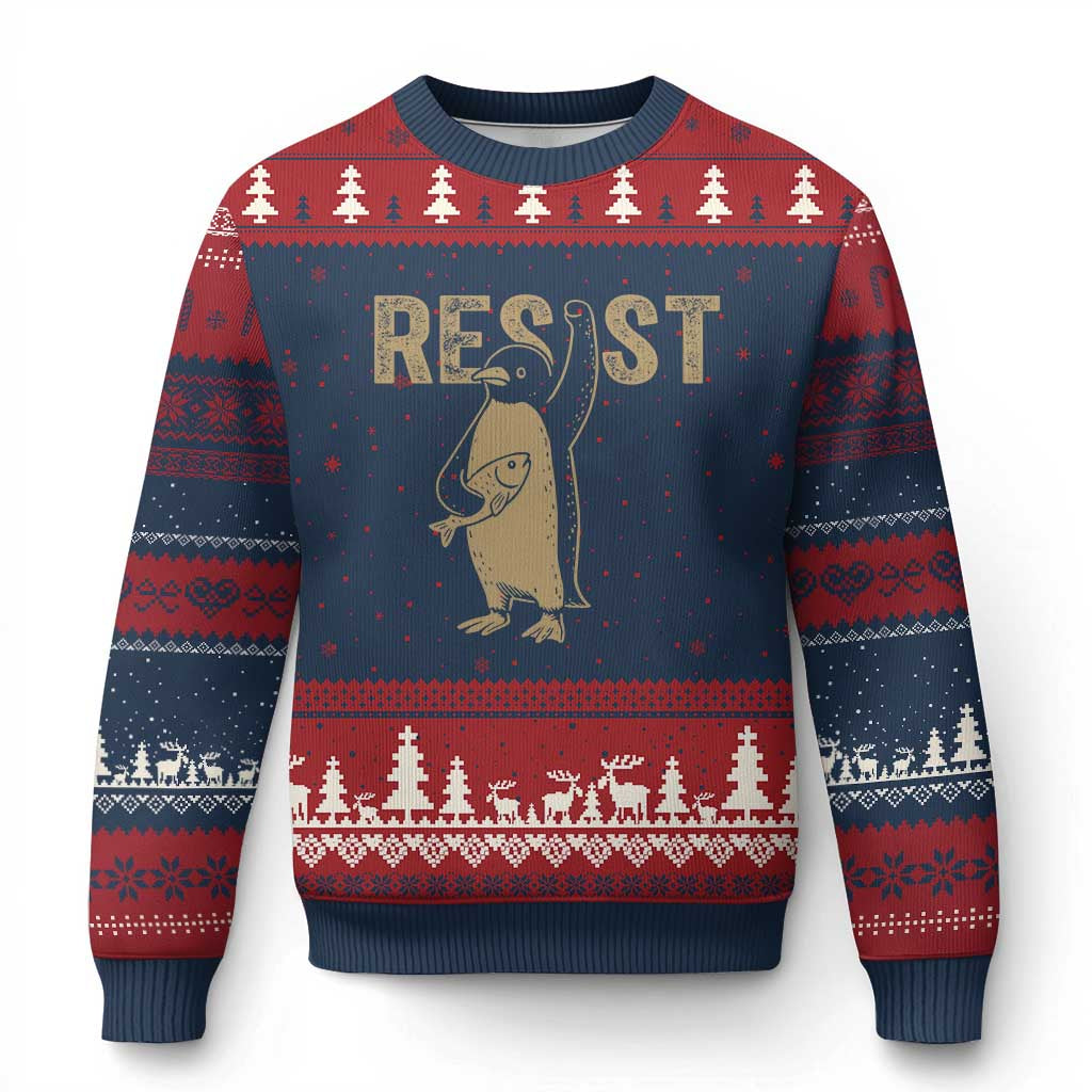 Funny Penguin Resist Ugly Christmas Sweater Against Tariffs Activism Vintage TS02 Navy Red Print Your Wear