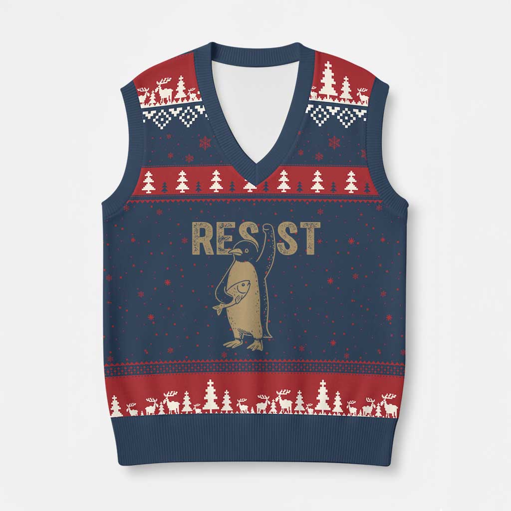 Funny Penguin Resist V-Neck Knit Sweater Vest Against Tariffs Activism Vintage TS02 Navy Red Print Your Wear