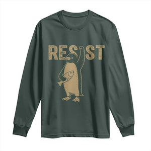 Funny Penguin Resist Long Sleeve Shirt Against Tariffs Activism Vintage TS02 Dark Forest Green Print Your Wear