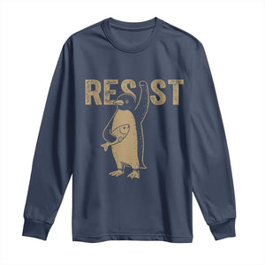 Funny Penguin Resist Long Sleeve Shirt Against Tariffs Activism Vintage TS02 Navy Print Your Wear