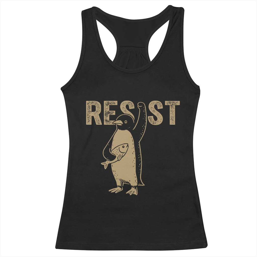 Funny Penguin Resist Racerback Tank Top Against Tariffs Activism Vintage TS02 Black Print Your Wear