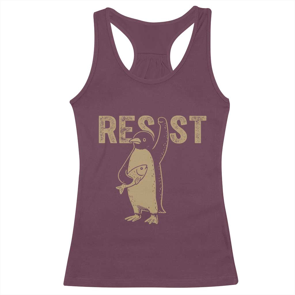 Funny Penguin Resist Racerback Tank Top Against Tariffs Activism Vintage TS02 Maroon Print Your Wear