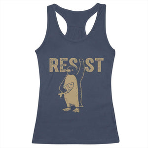 Funny Penguin Resist Racerback Tank Top Against Tariffs Activism Vintage TS02 Navy Print Your Wear