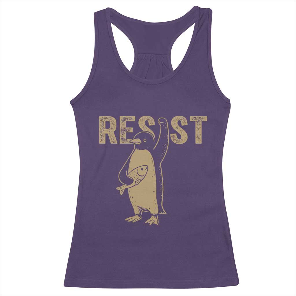 Funny Penguin Resist Racerback Tank Top Against Tariffs Activism Vintage TS02 Purple Print Your Wear
