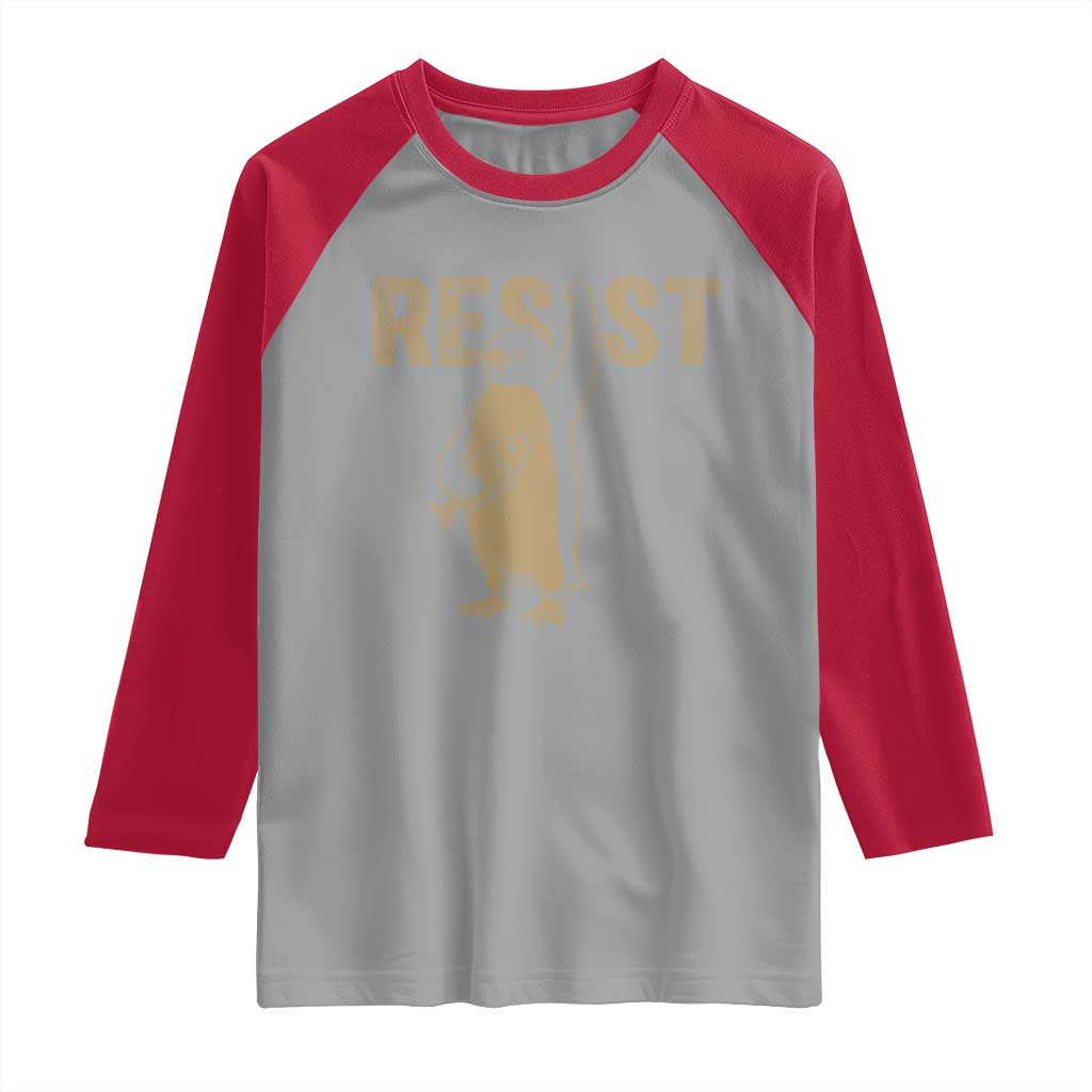Funny Penguin Resist Raglan Shirt Against Tariffs Activism Vintage TS02 Sport Gray Red Print Your Wear