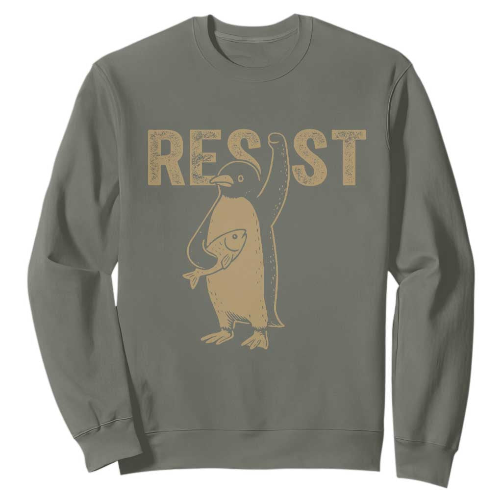 Funny Penguin Resist Sweatshirt Against Tariffs Activism Vintage TS02 Military Green Print Your Wear