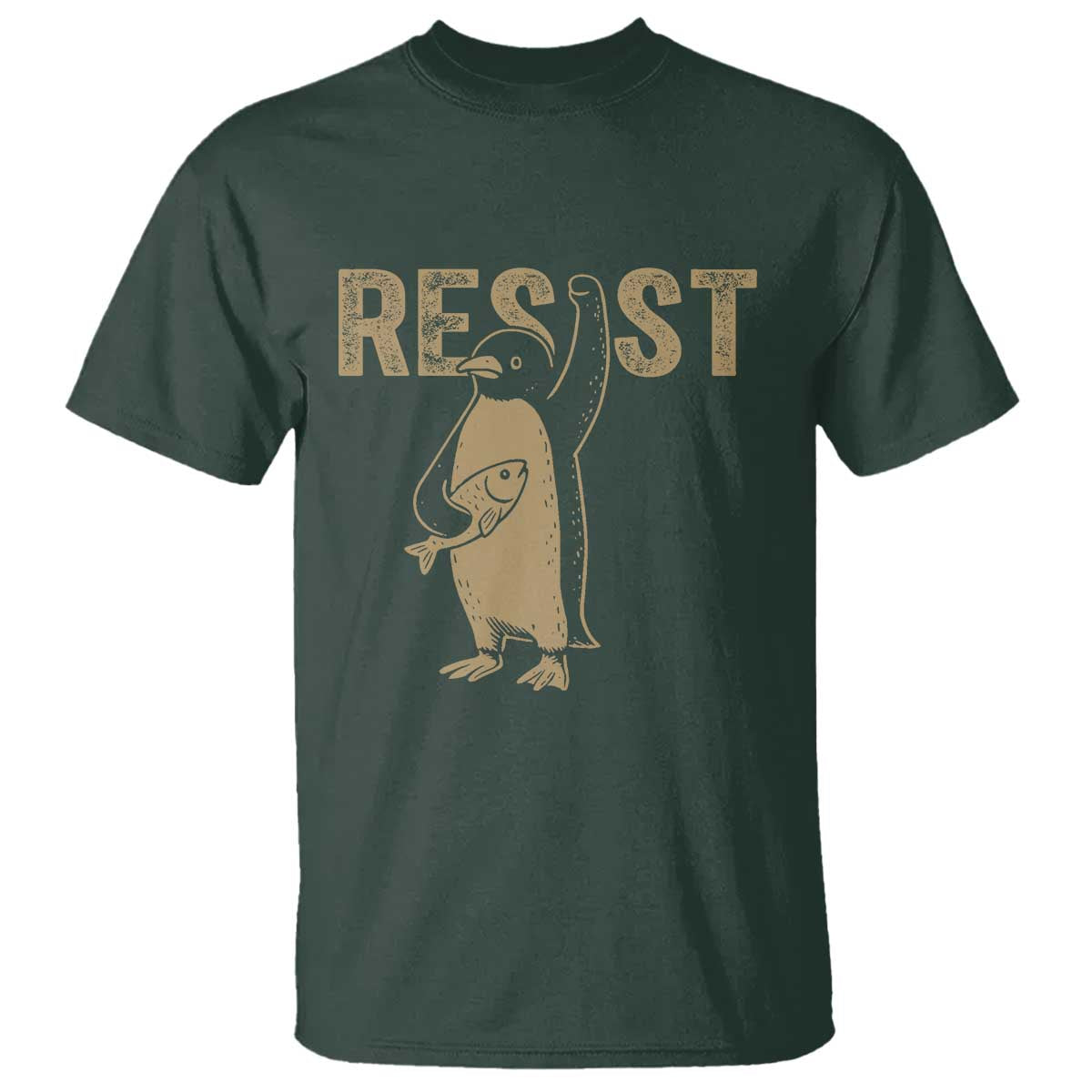 Funny Penguin Resist T Shirt Against Tariffs Activism Vintage TS02 Dark Forest Green Print Your Wear
