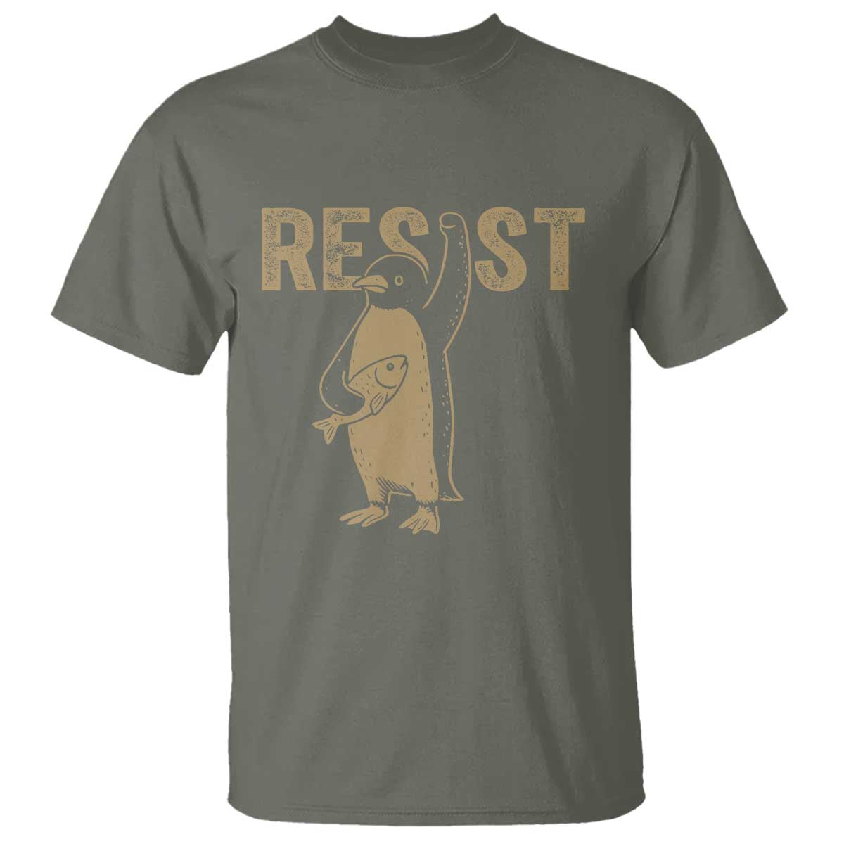 Funny Penguin Resist T Shirt Against Tariffs Activism Vintage TS02 Military Green Print Your Wear