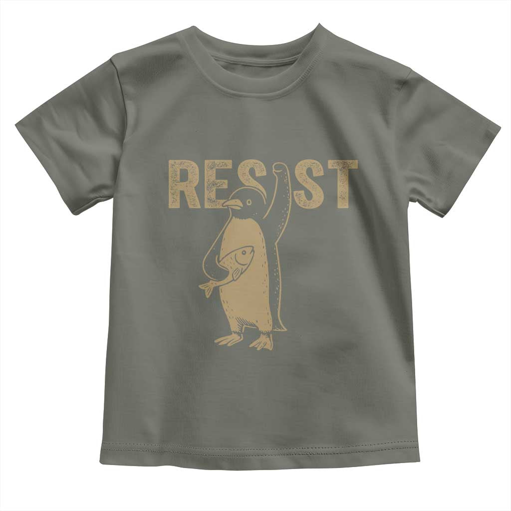 Funny Penguin Resist Toddler T Shirt Against Tariffs Activism Vintage TS02 Military Green Print Your Wear