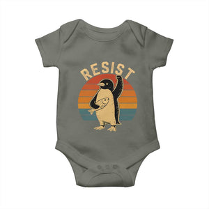 Funny Penguin Resist Baby Onesie Against Tariffs Retro Vintage TS02 Military Green Print Your Wear