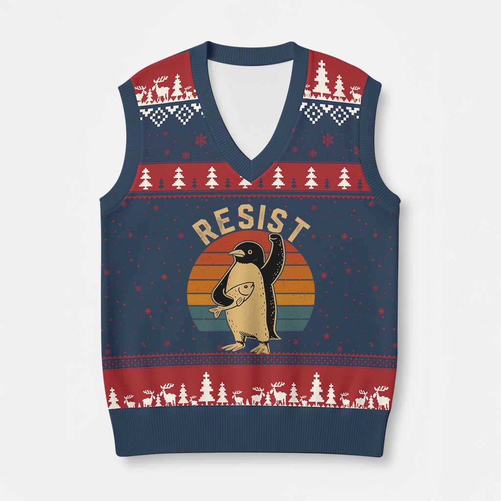 Funny Penguin Resist V-Neck Knit Sweater Vest Against Tariffs Retro Vintage TS02 Navy Red Print Your Wear