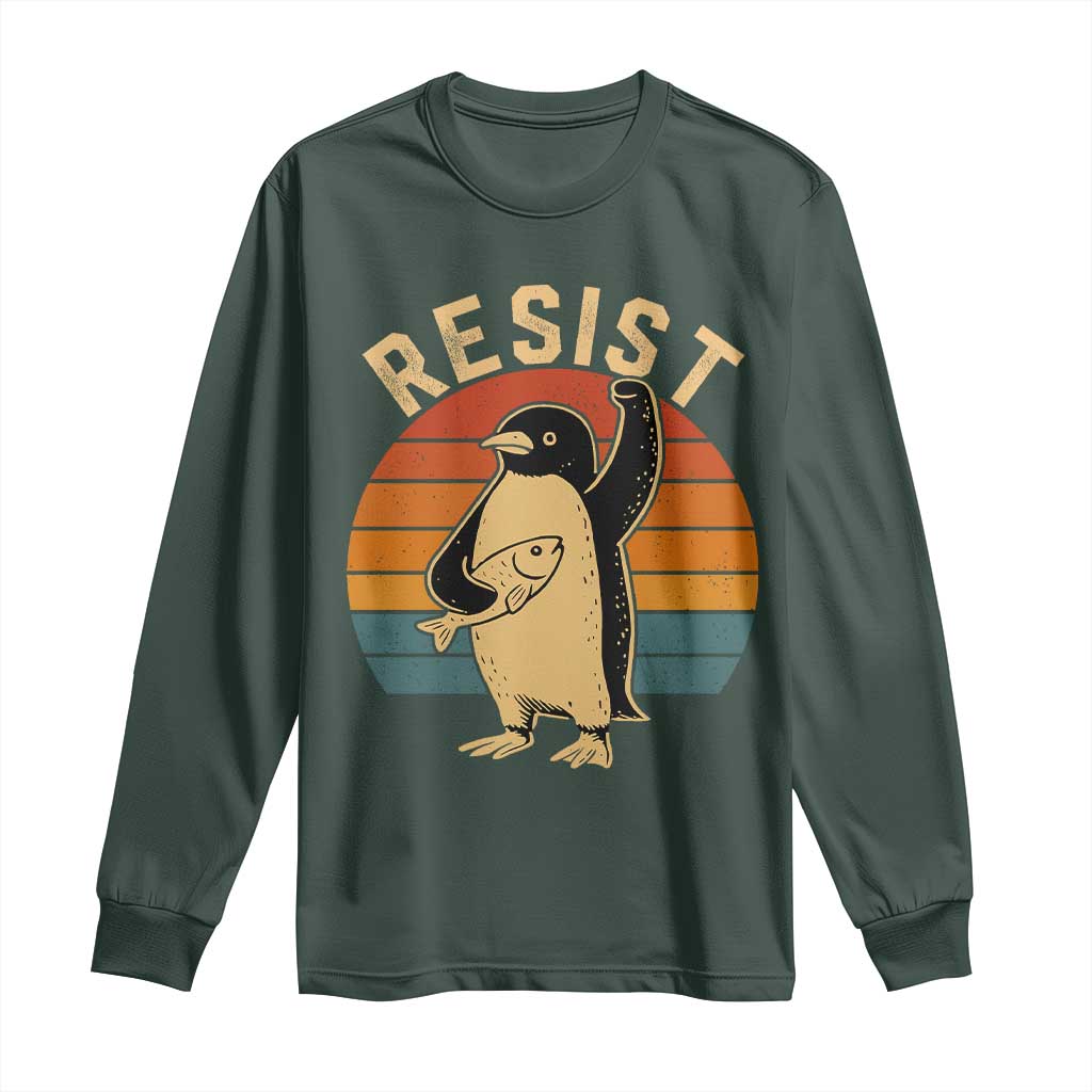 Funny Penguin Resist Long Sleeve Shirt Against Tariffs Retro Vintage TS02 Dark Forest Green Print Your Wear