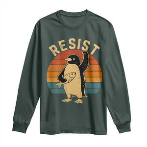 Funny Penguin Resist Long Sleeve Shirt Against Tariffs Retro Vintage TS02 Dark Forest Green Print Your Wear