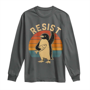 Funny Penguin Resist Long Sleeve Shirt Against Tariffs Retro Vintage TS02 Dark Heather Print Your Wear