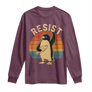 Funny Penguin Resist Long Sleeve Shirt Against Tariffs Retro Vintage TS02 Maroon Print Your Wear