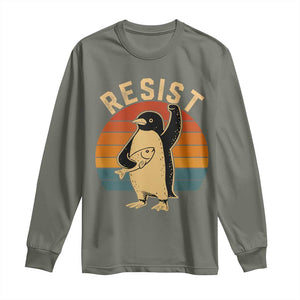 Funny Penguin Resist Long Sleeve Shirt Against Tariffs Retro Vintage TS02 Military Green Print Your Wear