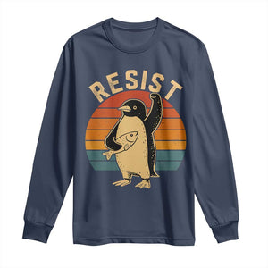 Funny Penguin Resist Long Sleeve Shirt Against Tariffs Retro Vintage TS02 Navy Print Your Wear