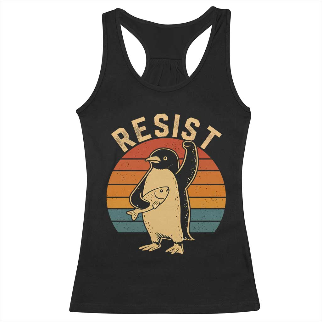 Funny Penguin Resist Racerback Tank Top Against Tariffs Retro Vintage TS02 Black Print Your Wear