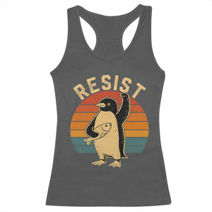 Funny Penguin Resist Racerback Tank Top Against Tariffs Retro Vintage TS02 Dark Heather Print Your Wear