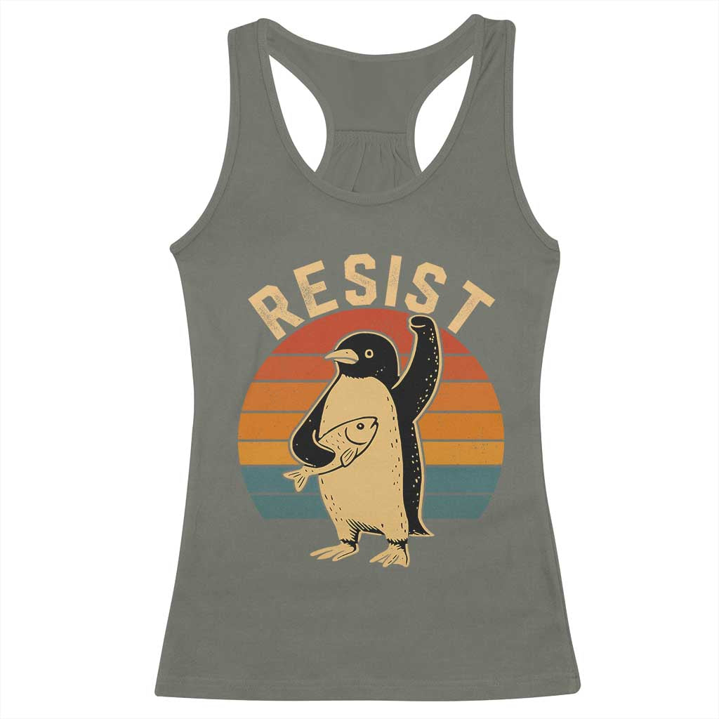 Funny Penguin Resist Racerback Tank Top Against Tariffs Retro Vintage TS02 Military Green Print Your Wear